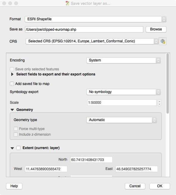 clipped-euromap-save-as.jpeg Saving the Clipped Country Map in QGIS