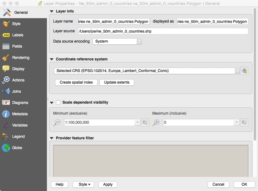 qgis-conic.jpeg The QGIS Layer Properties Dialog Display (General Tab)