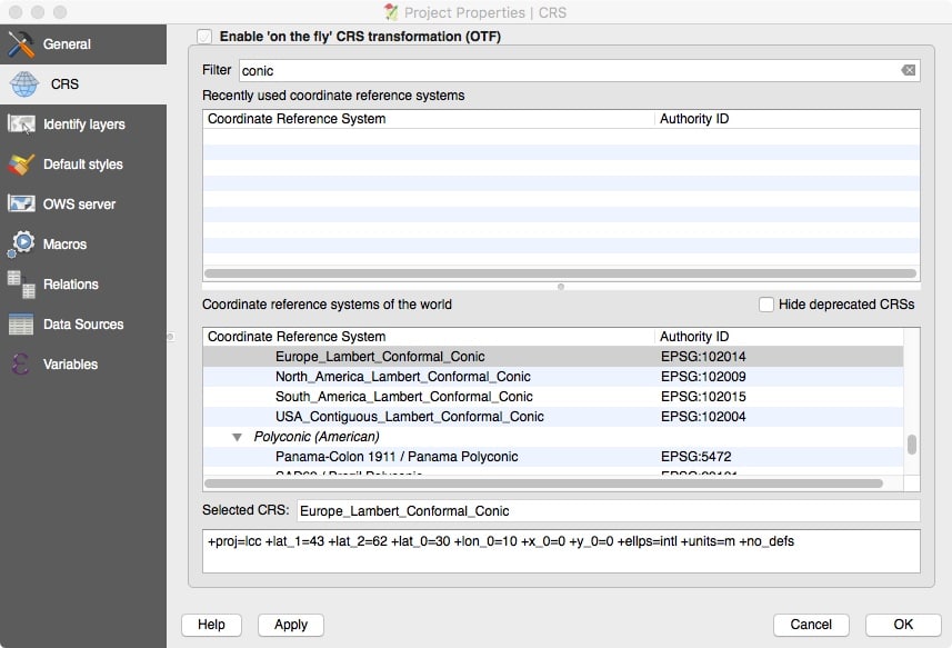 qgis-set-projection.jpeg Selecting Europe Lambert Conformal Conic projection in QGIS