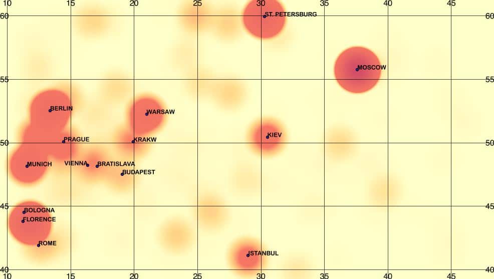 red-map-thinned-cities.jpeg Our Final Labeled Heatmap in QGIS