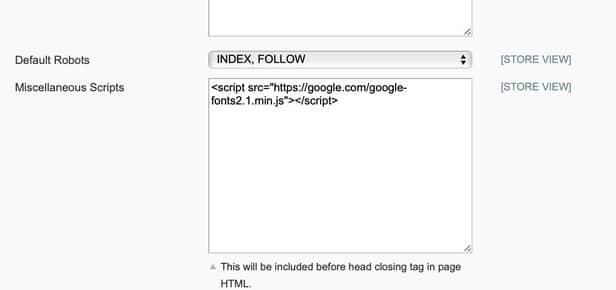 Screenshot demonstrating where Caramel customers should add their skimmer script if they have access to a Magento administrator panel. The quickstart guide appears focused on beginners and does not contain information on programmatic code injection.