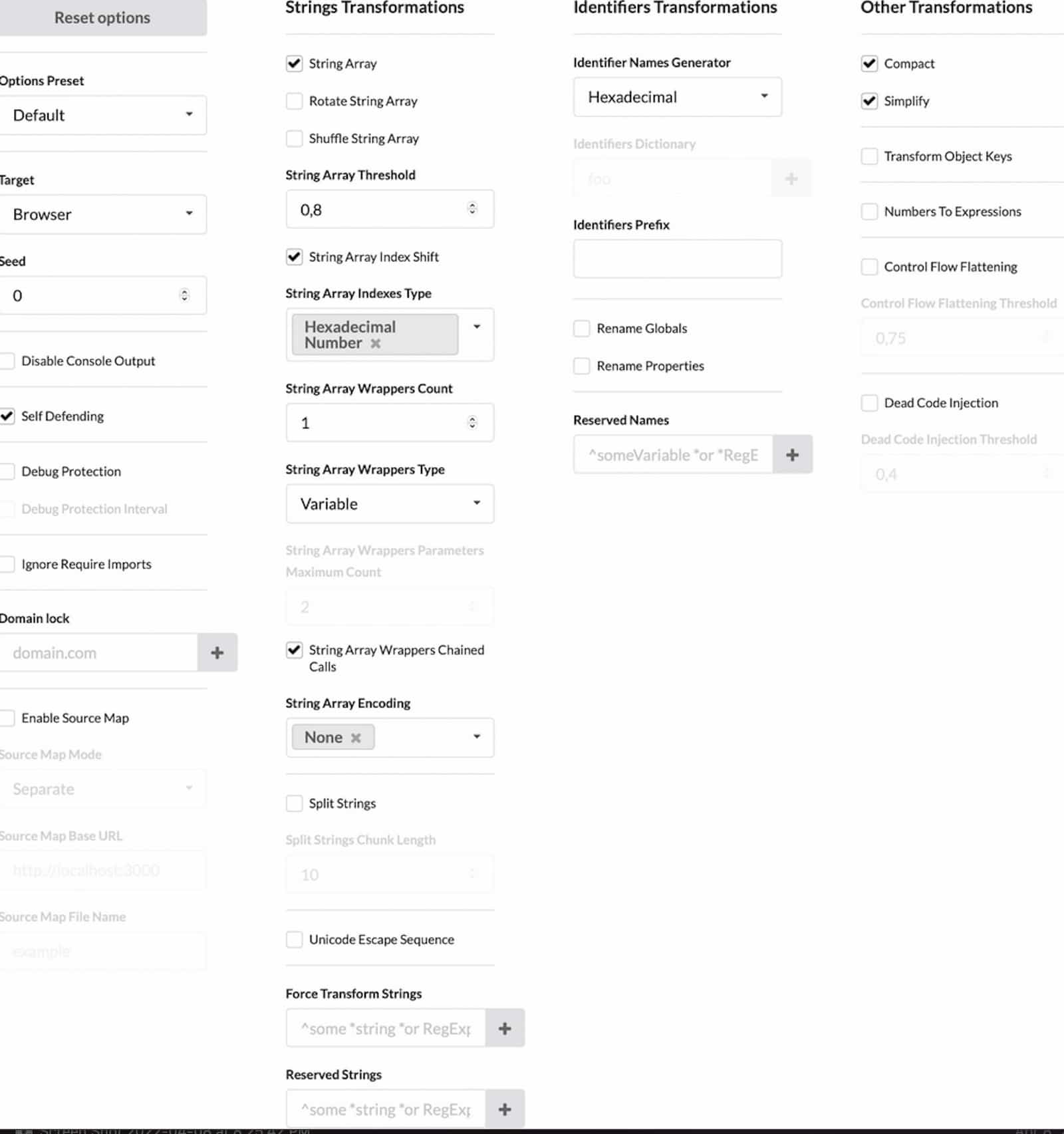 A partial screenshot of the preferred JavaScript Obfuscator tool settings to hide the Caramel card skimmer.