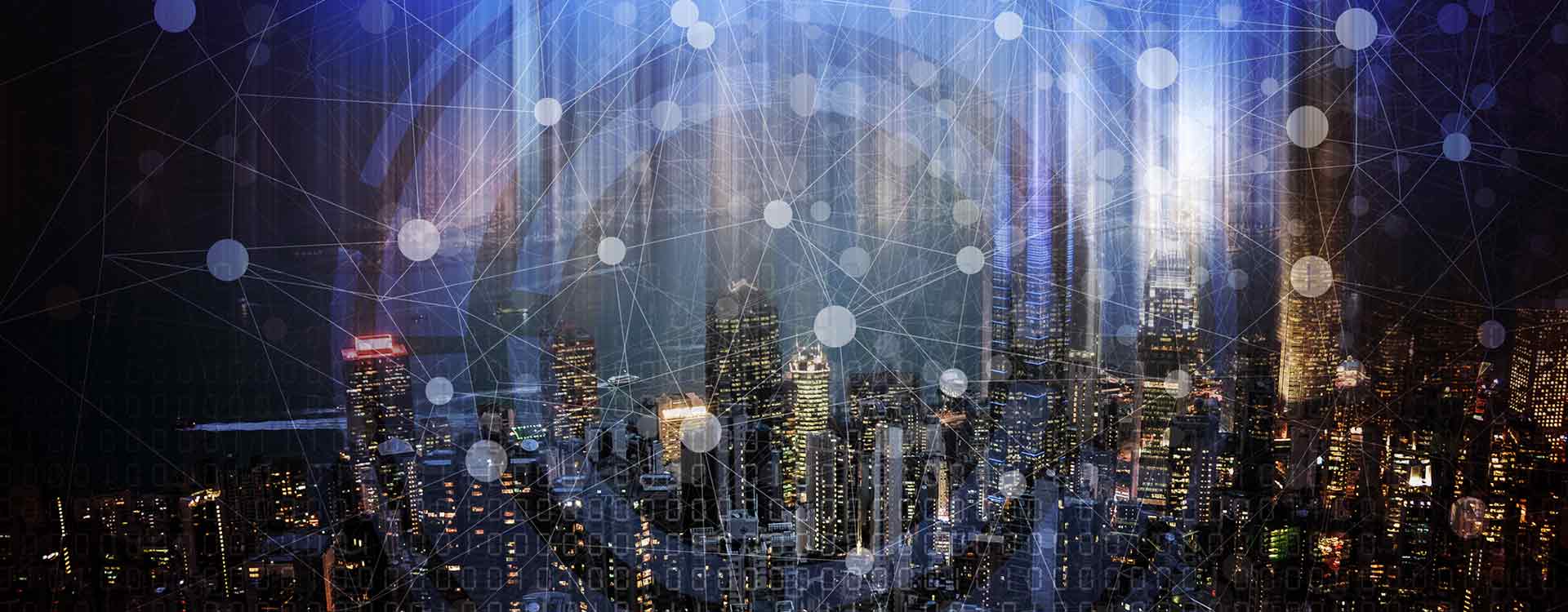 A digital composite of a cityscape at night overlaid with a network of glowing, interconnected nodes and lines, symbolizing connectivity and data exchange in an urban setting.