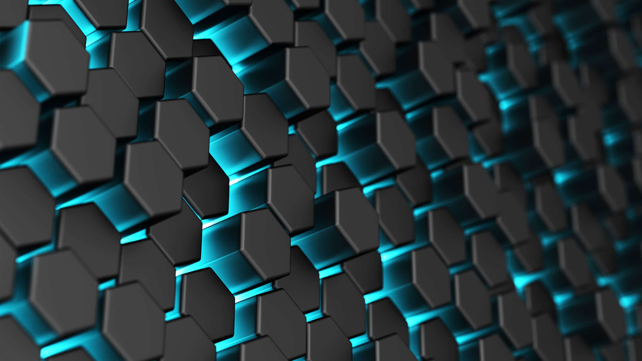 3D render of a pattern of black hexagonal tiles with neon blue light glowing from the edges, creating a futuristic effect. The focus blurs slightly towards the background, emblematic of Discord Malware