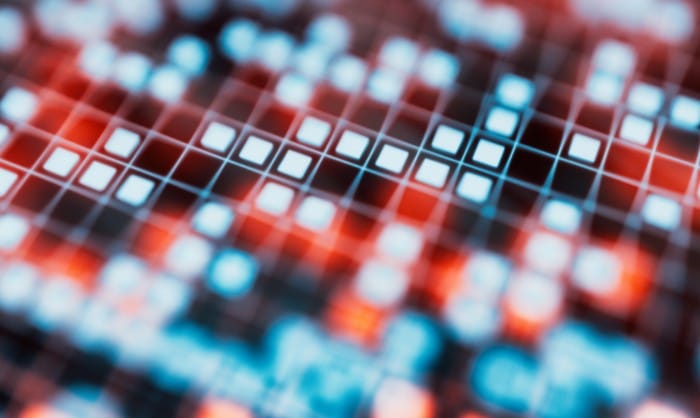 Sequence of glowing blue and red squares