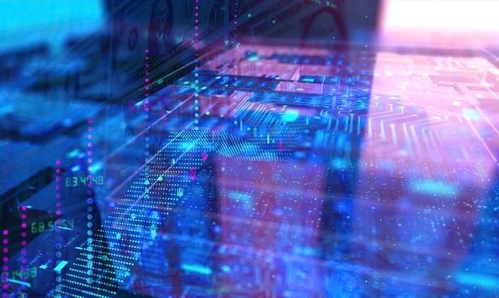 Dot and number patterns reflecting off of circuit board