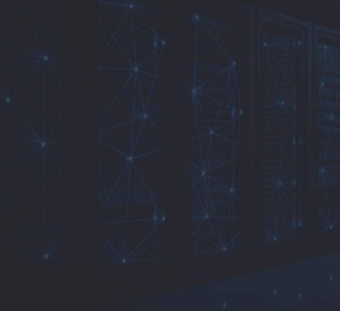 A dark, abstract image displaying a series of interconnected geometric shapes, resembling an Internet network, against a backdrop that mimics server racks in low light.