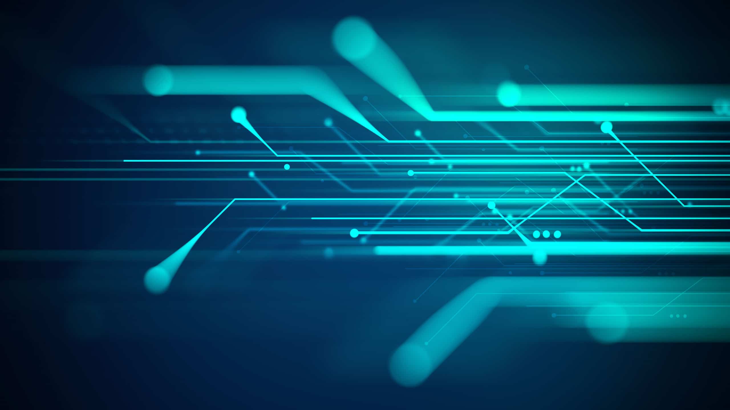 Abstract digital background with glowing blue lines and dots, resembling high-speed data across a network in a dark setting.