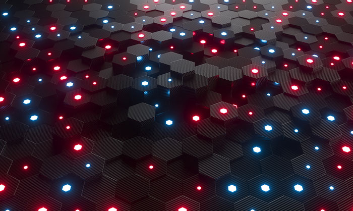 A patterned surface of hexagonal tiles illuminated by scattered red and blue lights, creating a futuristic, tech-inspired texture reminiscent of IPV4 address space visualizations in DNSDB.