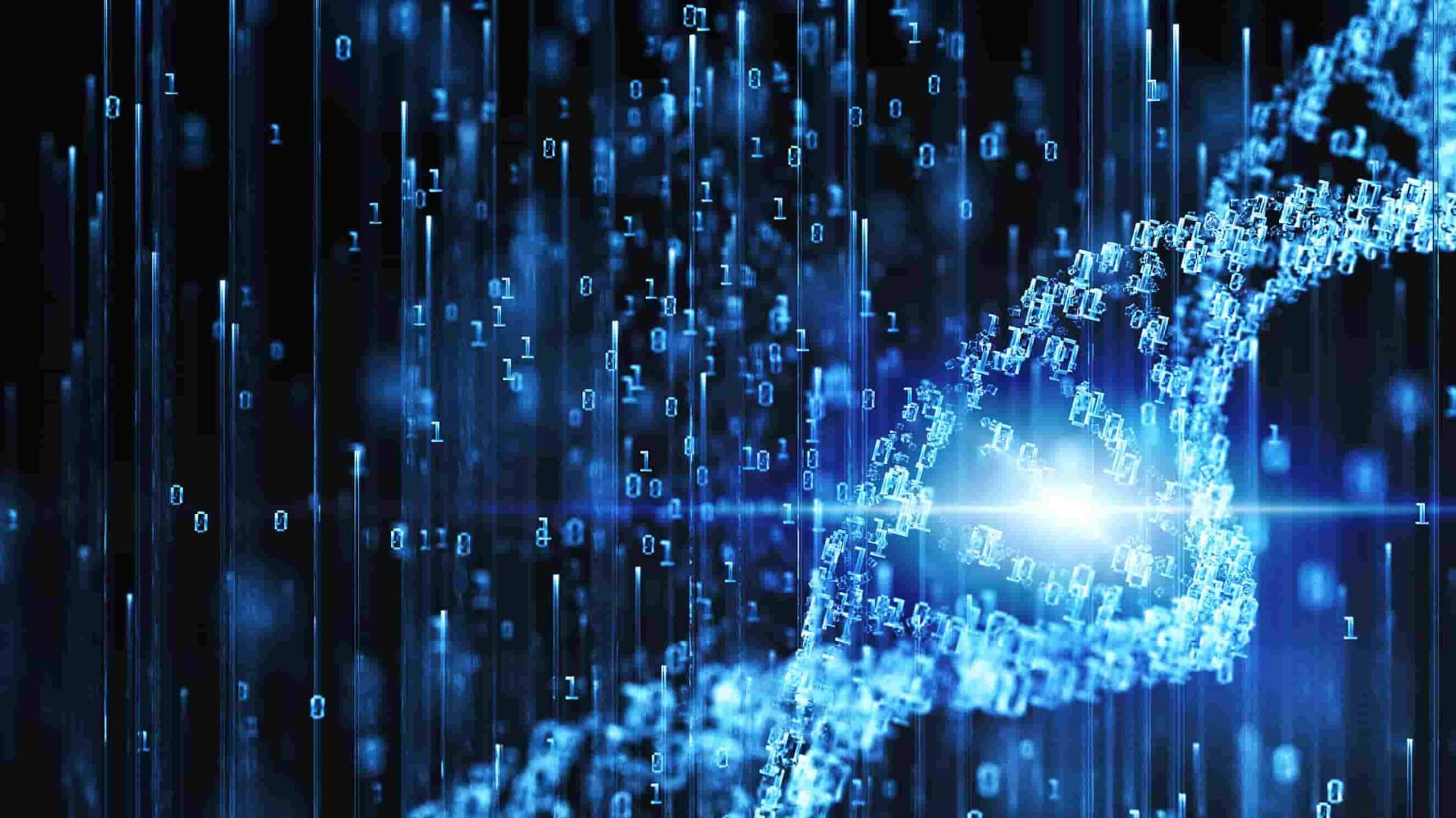 Digital representation of a glowing dna helix surrounded by streams of binary code, illustrating the concept of bioinformatics and genetic data analysis in a blue-themed, technological context.