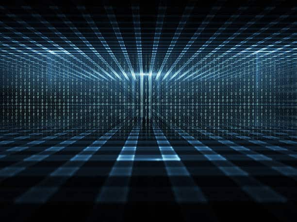 A futuristic digital grid with glowing blue lines stretches into the distance, reminiscent of an RDAP network. Binary code runs along vertical lines, creating depth and immersion akin to a virtual reality environment.
