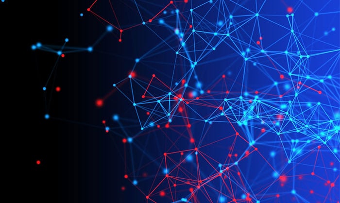 Abstract digital network with connecting lines and dots on a dark blue background, depicting modern technology or data structure. red and blue nodes highlight interaction points.