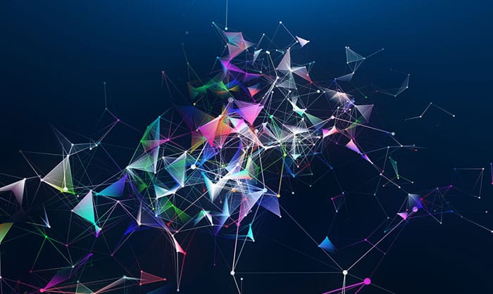 Abstract digital artwork showing interconnected lines and dots forming a colorful geometric mesh on a dark blue background.