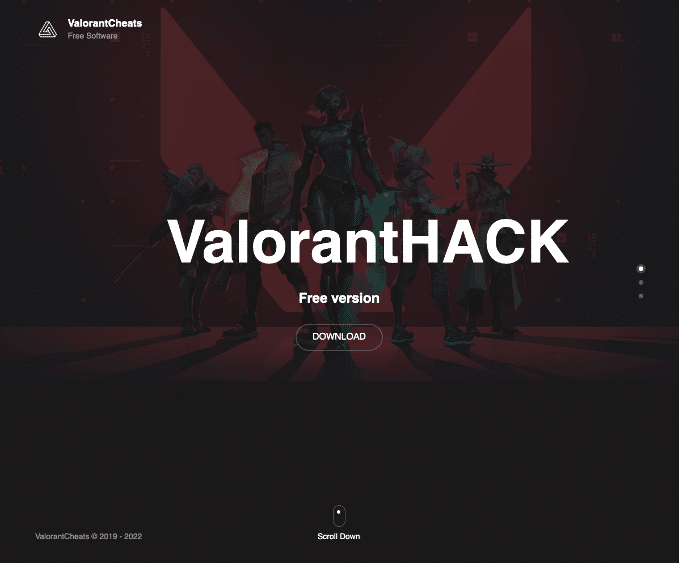 Figure 8: Screenshot of CaramelCorp-associated valorannow[.]com. Likely tied to malware activity, this game cheat engine targets Valorant players.
