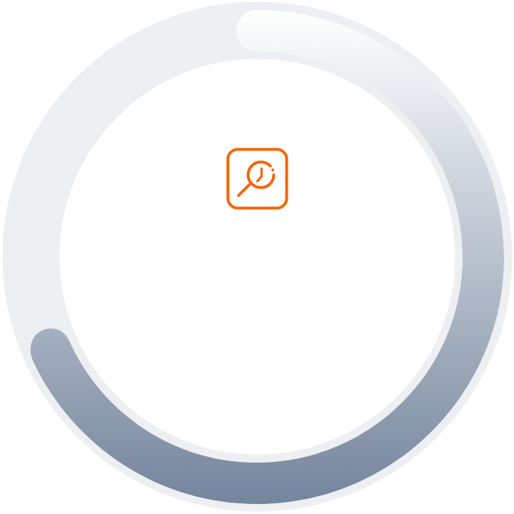 Gray line covering circle partially, representing statistic "68%" of domains detected, with orange magnifying glass in the center