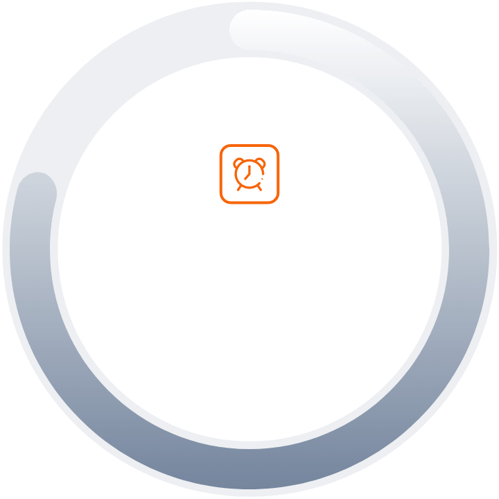 Gray line covering circle partially, representing statistic "79%" of reduced performance cost, with orange alarm clock in the center