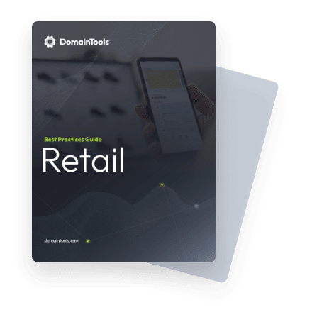 A digital guide titled "Best Practices Guide: Cyber Threats Retail" displayed on a tablet, with a blurred background featuring a smartphone and a keyboard. The guide is from domaintools.com.