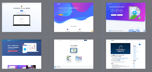 Six website homepage thumbnails are displayed in a grid layout. Each thumbnail features various design elements, including text, graphics, and interface layouts, showcasing tech or digital services themes.