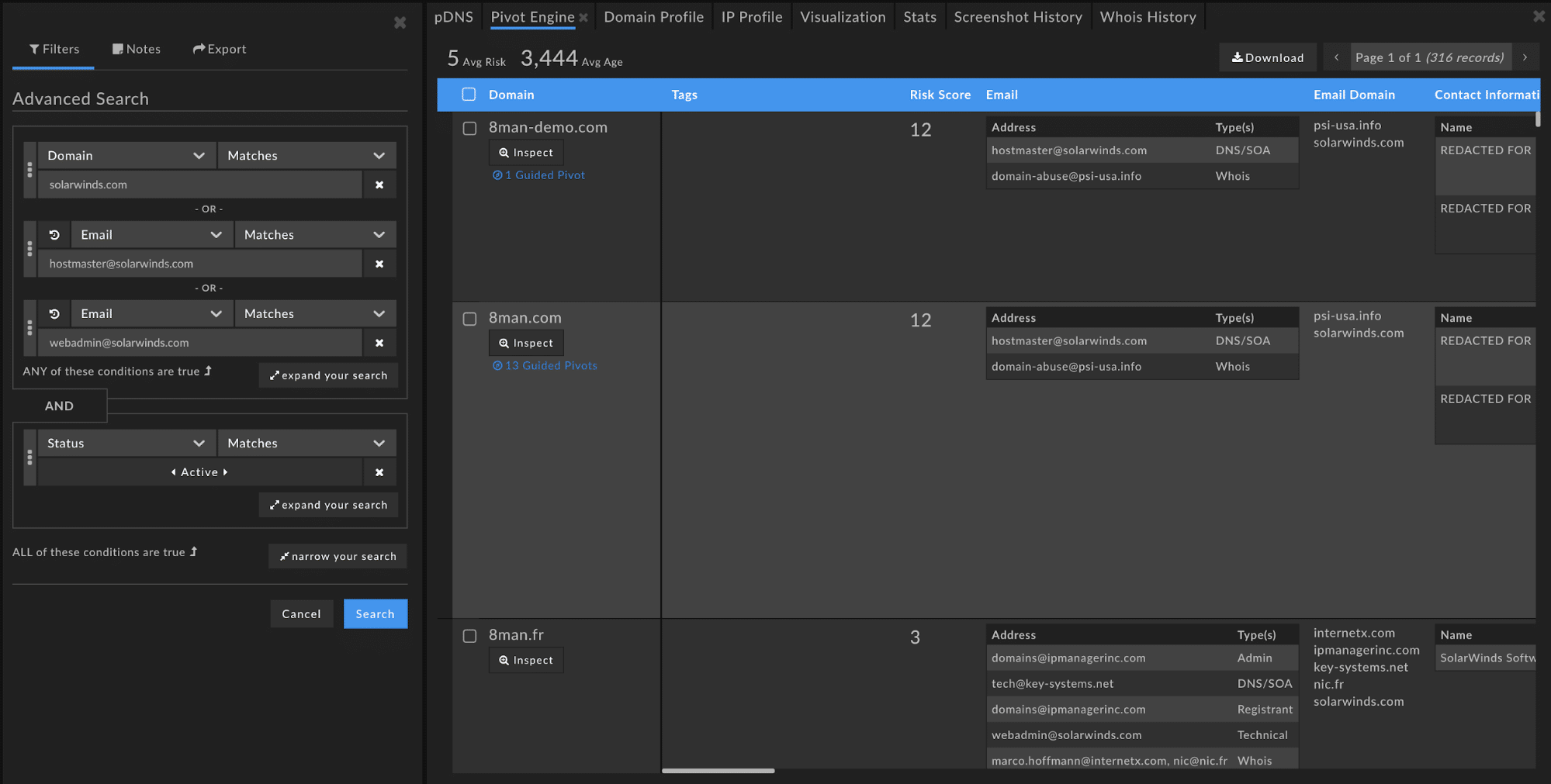 DomainTools Iris Pivot Engine Screenshot showing other domains connected to solarwinds[.]com